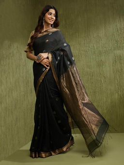 Fabindia - Black Wool Blend Woven Saree without Blouse