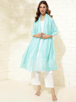 Fabindia - Turquoise Cotton Silk Chikankari Dupatta