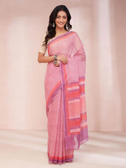 Fabindia - Pink Cotton Silk Hand Block Printed Saree without Blouse