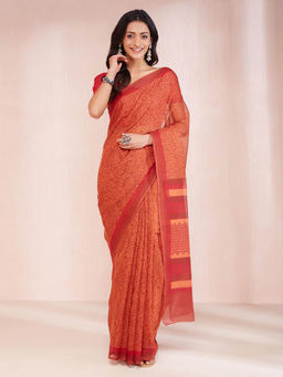 Fabindia - Rust Cotton Silk Hand Block Printed Saree without Blouse