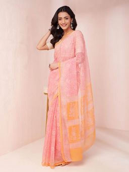 Fabindia - Pink Cotton Silk Hand Block Printed Saree without Blouse