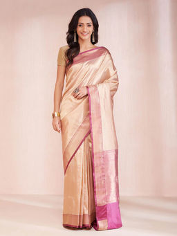 Fabindia - Beige Silk Blend Banarasi Saree without Blouse