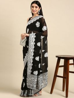 VAIRAGEE - Black Georgette with Lucknowi Work Saree with Unstitched Blouse