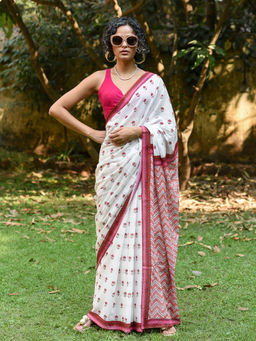 Suta - White Floral Printed Pure Cotton Saree
