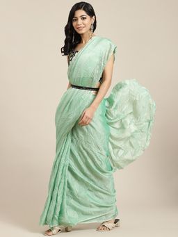 Sareemall - Women Georgette Green Solid Belted Sarees with Unstitched Blouse Piece