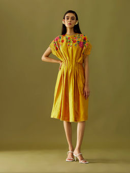 CHANDRIMA - Yellow Applique Beadwork Pleated Dress