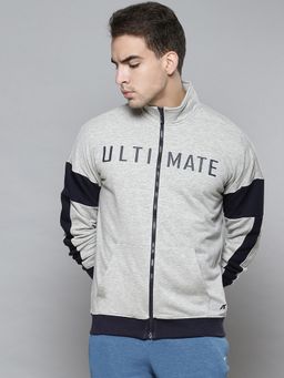 Alcis - Men Grey Navy Blue Colour Blocked Typography Cotton Sporty Jacket