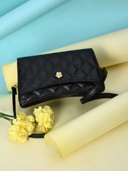 Haute Sauce - Black Textured Structured Sling Bag with Quilted