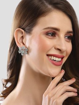 Karatcart - Silver Plated Light Green Cubic Zirconia Studded Floral Shape Stud Earrings