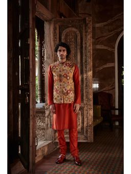 KALISTA - Red Mihir Kurta with Churidar and Nehru Jacket (Set of 3)