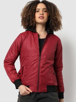 Campus Sutra - Womens Maroon Hooded Puffer Bomber Jacket