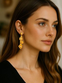 Digital Dress Room - Gold Plated Floral Pearl Long Earrings