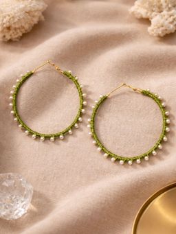 Digital Dress Room - Green Thread Hoop Earrings with Pearl Detailing