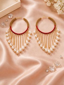 Digital Dress Room - White Plated Red Thread Pearl Hoop Drop Earrings
