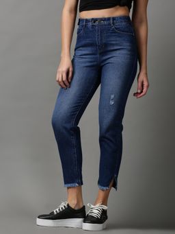 SHOWOFF - Womens Low Distress Boyfriend Fit Blue Denim Jeans