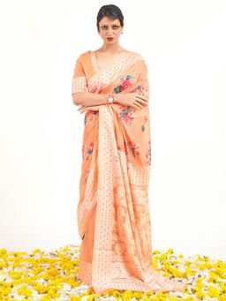 Odette - Women Modal Peach Digital Print Designer Saree with Unstitched Blouse