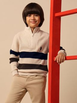 U.S. POLO ASSN. - Beige Kids Boys Horizontal Striped Regular Fit Sweater