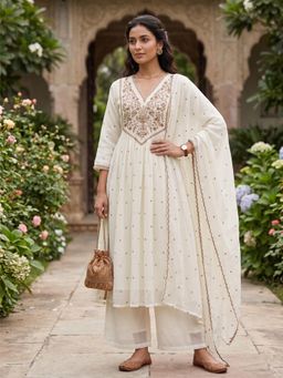 SERONA FABRICS - Off-White Georgette Embroidered Anarkali Kurta with Palazzo & Dupatta