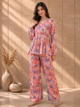 AADVIKA - Beige Abstract Printed Top Paired With Tonal Printed Bottom