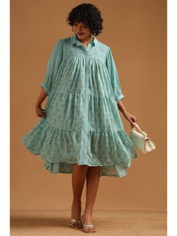 Soch - Blue Mul Chanderi Checked A-Line Tiered Dress