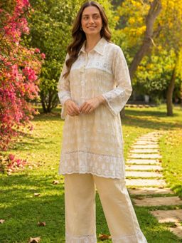 GULABI DORI - BEIGE MUL COTTON EMBROIDERED CO-ORD SET