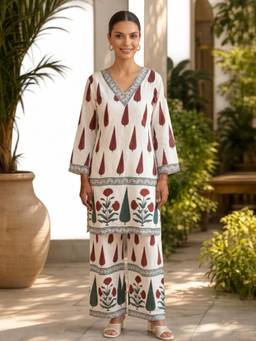 GULABI DORI - CREAM and RED RAYON CO-ORD SET