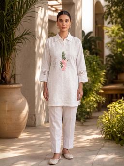 GULABI DORI - WHITE COTTON SCHIFFLI EMBROIDERED CO-ORD SET