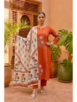 GULABI DORI - BURNT ORANGE COTTON HANDBLOCK Kurta with Pant & Dupatta