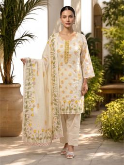 GULABI DORI - CREAM YELLOW MUL COTTON Kurta with Farshi Pant & Dupatta