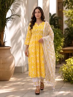 GULABI DORI - YELLOW HANDBLOCK KOTA DORIA Kurta with Pant & Dupatta