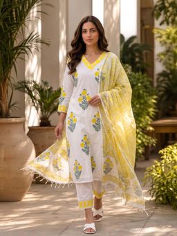 GULABI DORI - YELLOW and WHITE KOTA DORIA Kurta with Pant & Dupatta