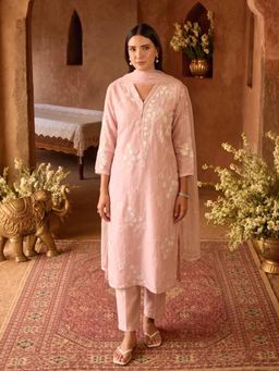 GULABI DORI - MAUVE PINK MUL CHANDERI HANDWORK Kurta with Pant & Dupatta