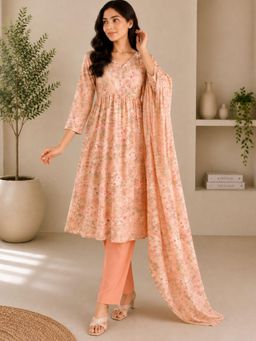 HOUSE OF JAMOTI - Peach Blossom Floral Print Kurta with Pant & Dupatta