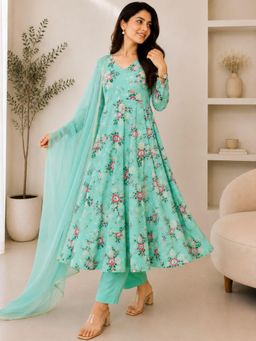 HOUSE OF JAMOTI - Mint Blue Blossom Floral Print Kurta with Pant & Dupatta