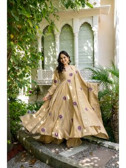 HOUSE OF JAMOTI - Beige Shireen Tissue Anarkali Kurta with Palazzo and Dupatta