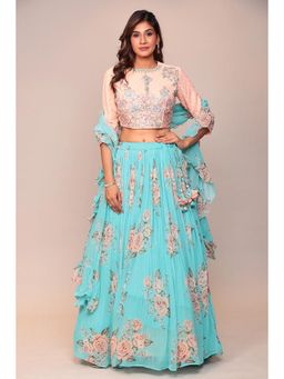 Zari Jaipur - Floral Printed Applique Work Blouse with Lehenga & Dupatta