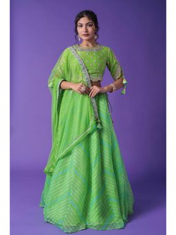 Zari Jaipur - Embroidered Leheriya Organza Blouse with Lehenga & Dupatta