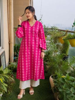 MYSHKA - Women'S Pink Woven Cotton Kurta with Wide-Leg Palazzo
