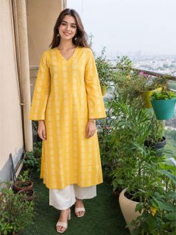 MYSHKA - Women'S Yellow Woven Cotton Kurta with Wide-Leg Palazzo