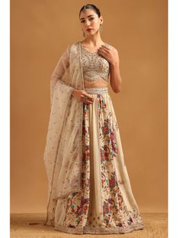 Soch - Cream Chinon Embroidered Blouse with Lehenga Dupatta & Unstitched Sleeves
