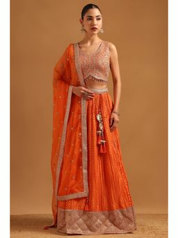 Soch - Orange Tissue Woven Embroidered Blouse with Lehenga Dupatta & Unstitched Sleeves