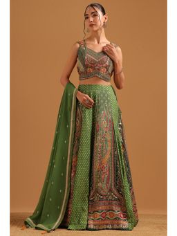 Soch - Green Floral Print Embellished Blouse with Lehenga Dupatta & Unstitched Sleeves