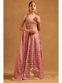 Soch - Pink Brocade Zari Woven Blouse with Lehenga Dupatta & Unstitched Sleeves