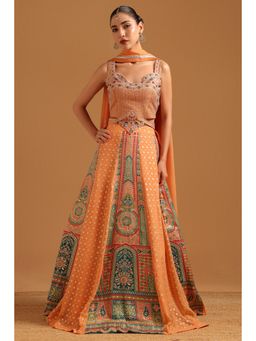 Soch - Orange Brocade Ethnic Blouse with Lehenga Dupatta & Unstitched Sleeves