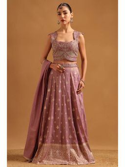 Soch - Purple Brocade Woven Blouse with Lehenga Dupatta & Unstitched Sleeves