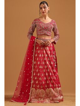 Soch - Fuchsia Viscose Blend Embroidered Blouse with Lehenga & Dupatta