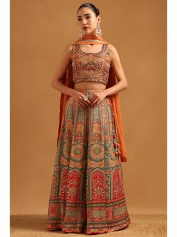 Soch - Peach Brocade Woven Blouse with Lehenga Dupatta & Unstitched Sleeves