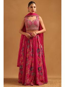 Soch - Fuchsia Chinon Embroidered Blouse with Lehenga Dupatta & Unstitched Sleeves