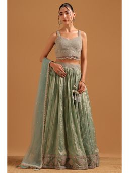 Soch - Powder Blue Fendi Embroidered Zari Blouse with Lehenga Dupatta & Unstitched Sleeves