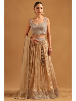 Soch - Beige Fendi Embroidered Blouse with Lehenga Dupatta & Unstitched Sleeves